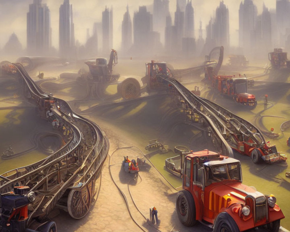 Futuristic construction site with large machinery and elevated railways in hazy cityscape.