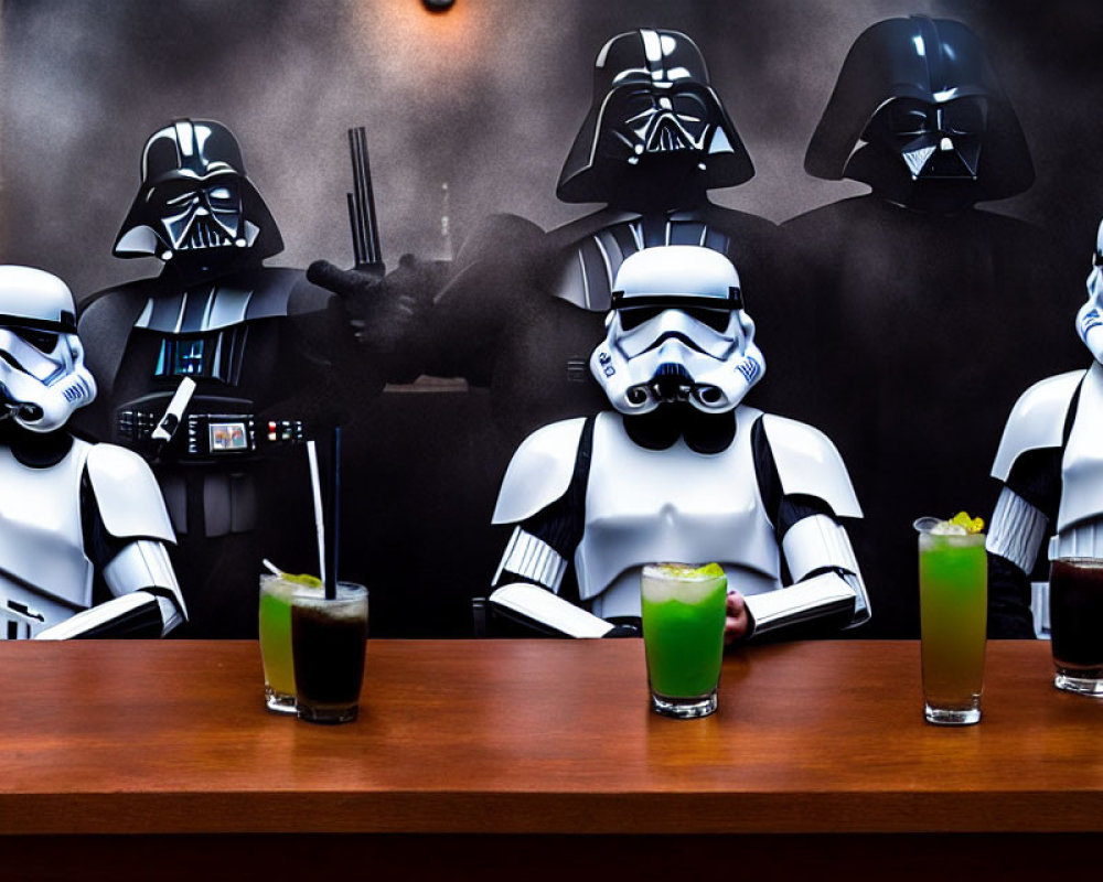 Costumed individuals at bar with Darth Vader images