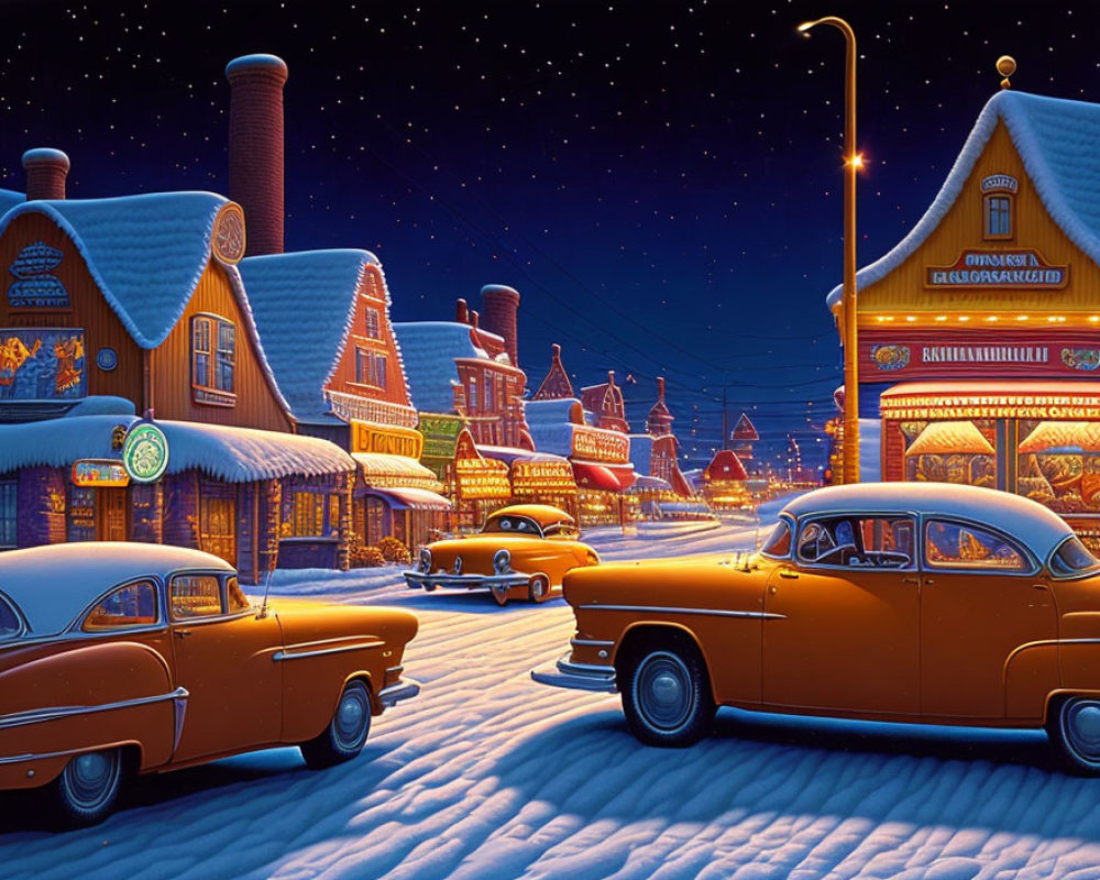 Vintage cars parked on snowy street under starry sky