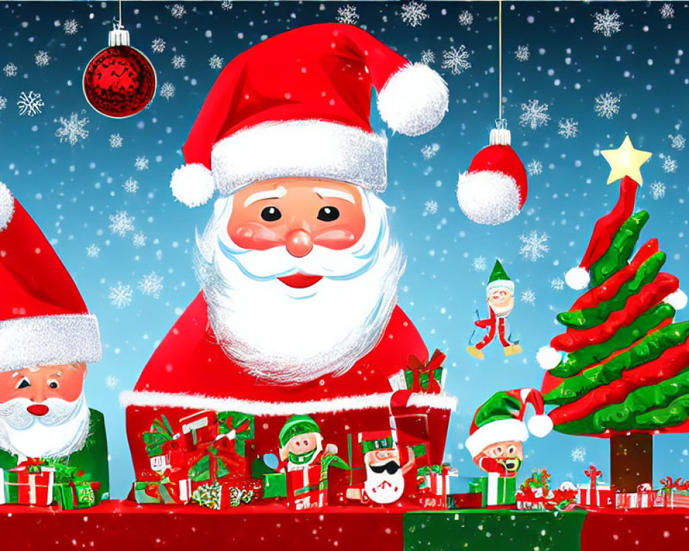 Festive Christmas cartoon with multiple Santa Clauses, gifts, elves, tree, snow