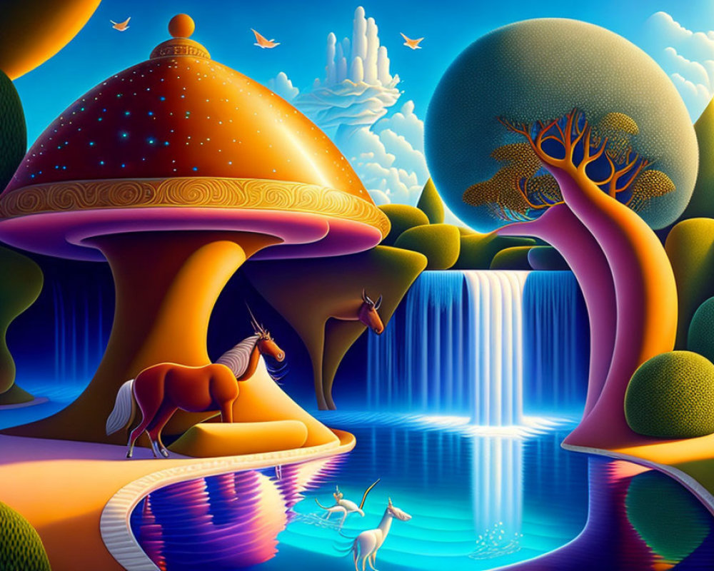 Colorful surreal landscape with mushroom structure, waterfall, horses, and stylized trees under blue sky.