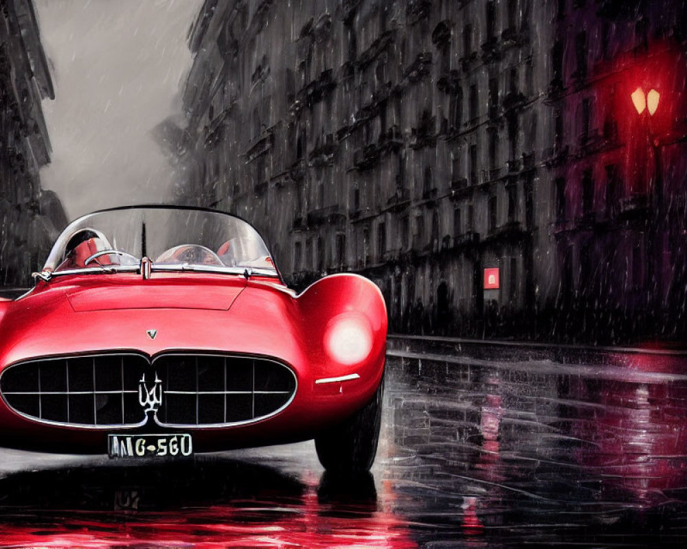 Vintage Red Sports Car on Wet City Street in Rain