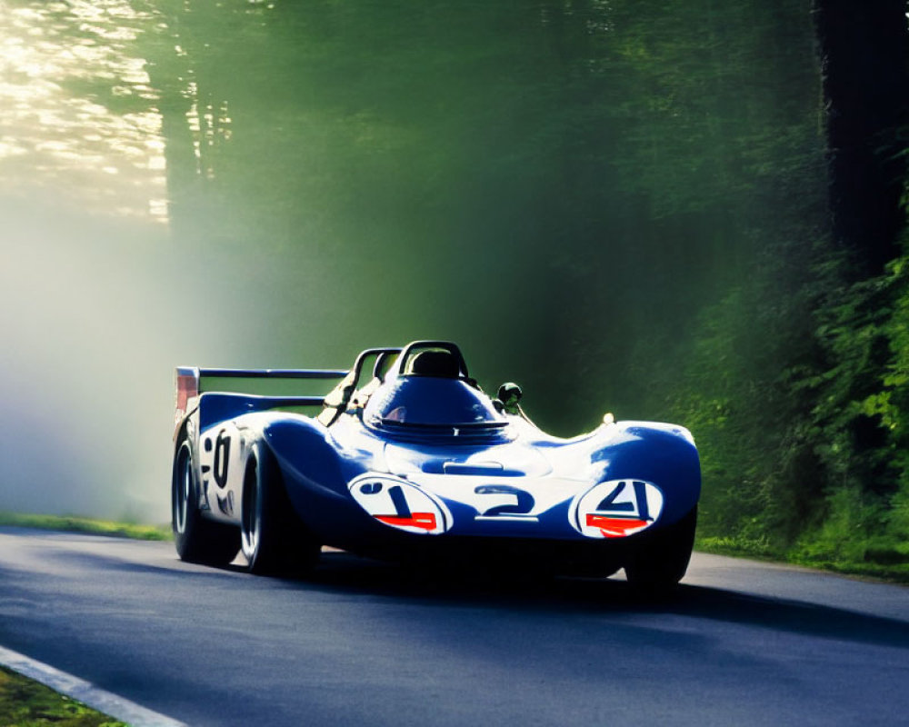 Vintage Race Car Number 2 Speeds Through Misty Forest Road