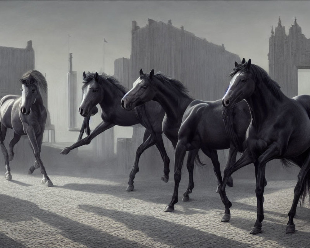 Four horses trotting in urban setting with cobblestone streets