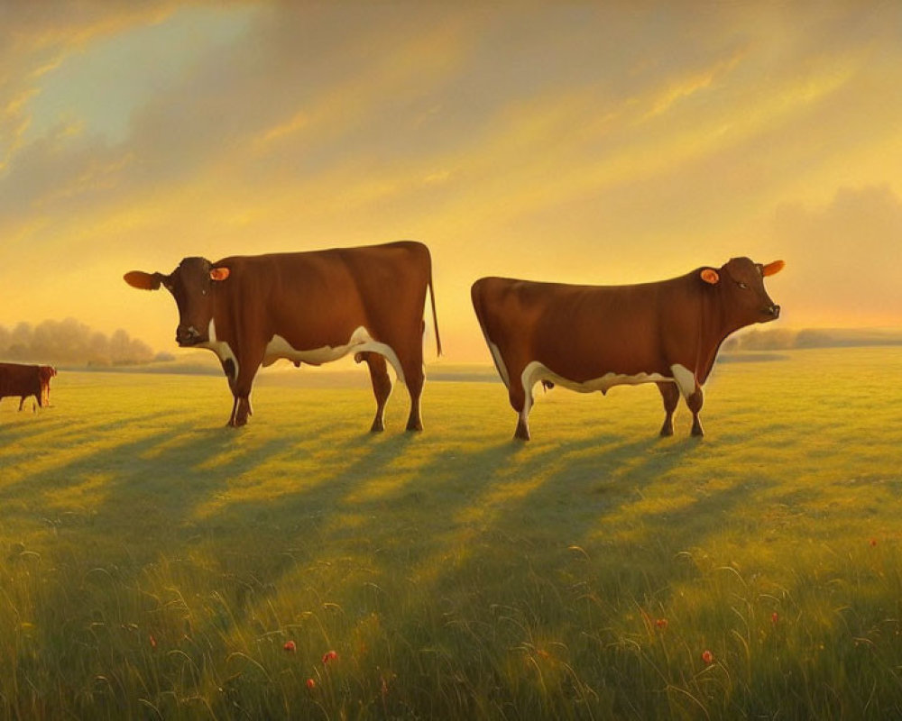 Sunlit field with two cows, calf, lush grass, trees, vibrant sunset sky.