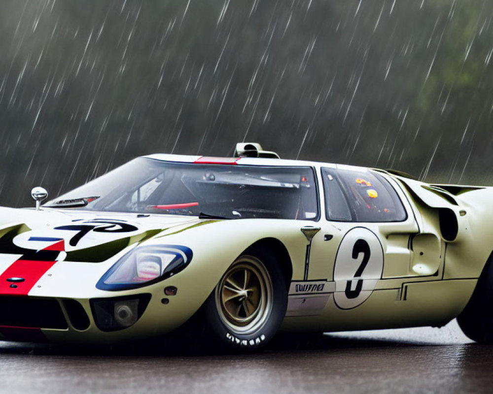 Vintage Race Car Number 2 in White and Dark Green Livery on Wet Track with Rain