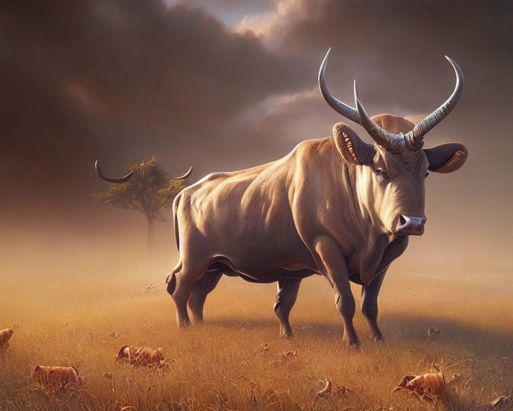 Majestic bull with long curved horns in serene savannah