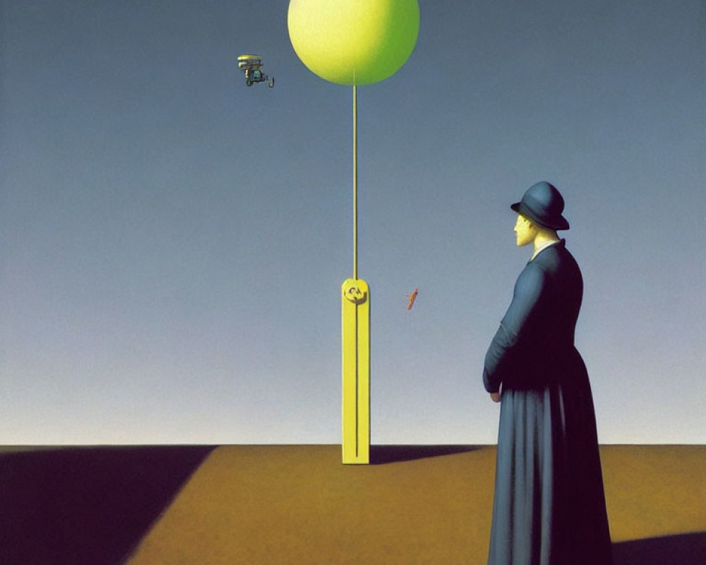 Person in Hat Observing Green Balloon with Surveillance Camera - Painting