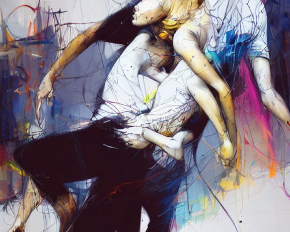 Abstract sketch of two figures dancing in vibrant colors