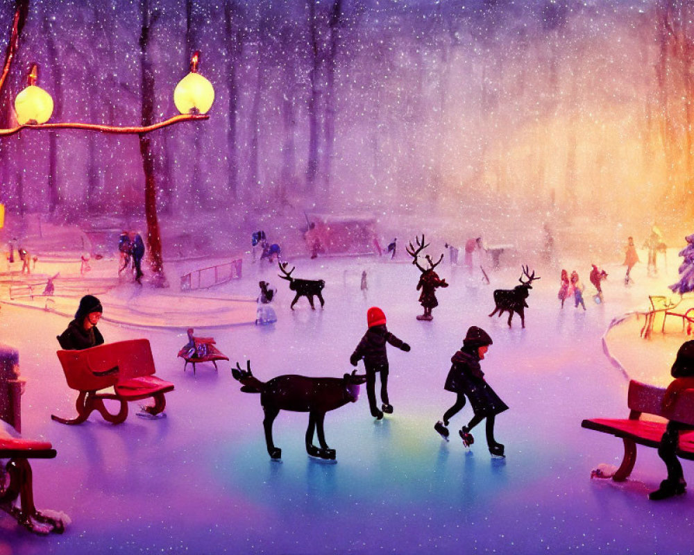 Illustration of people and reindeer ice-skating in snowy park at twilight