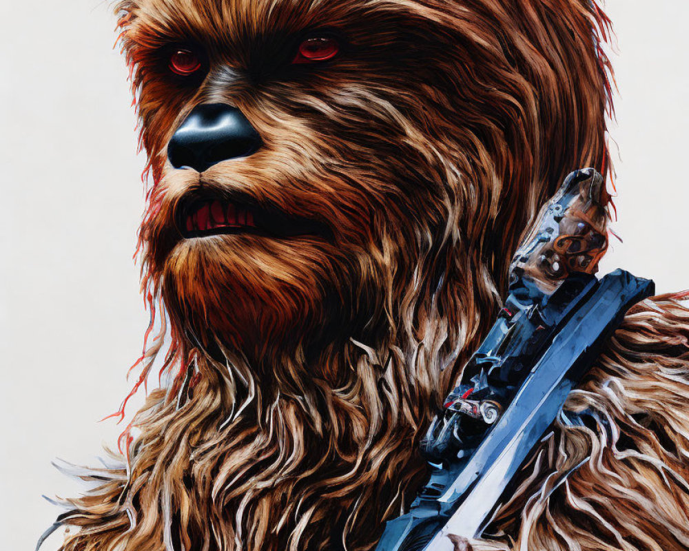 Detailed Chewbacca illustration with red eyes and bowcaster, showcasing intricate fur textures.