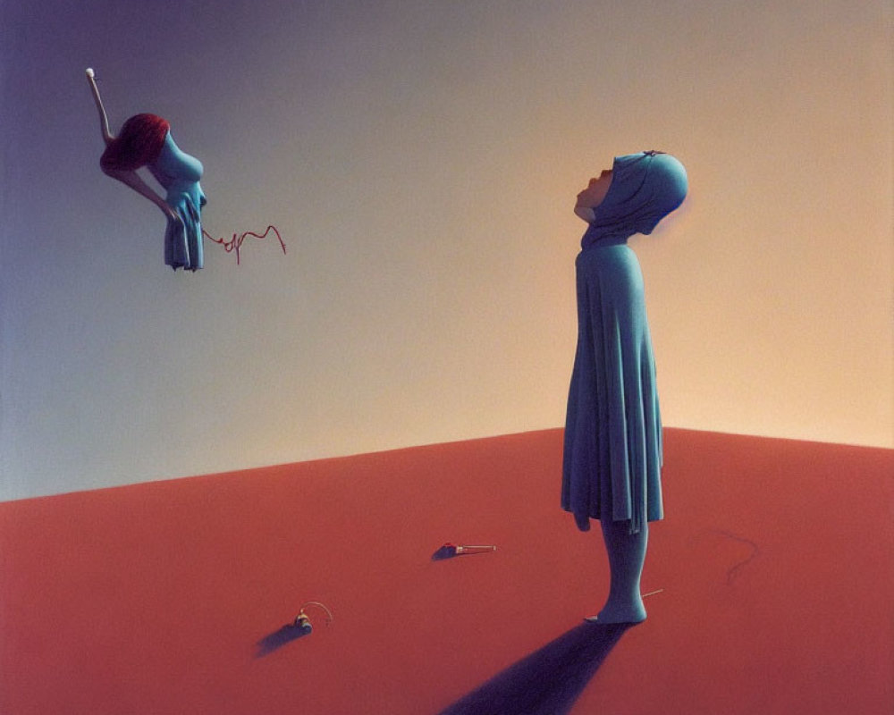 Surreal painting: Blue-robed figure gazes at floating figure with umbrella on red ground.