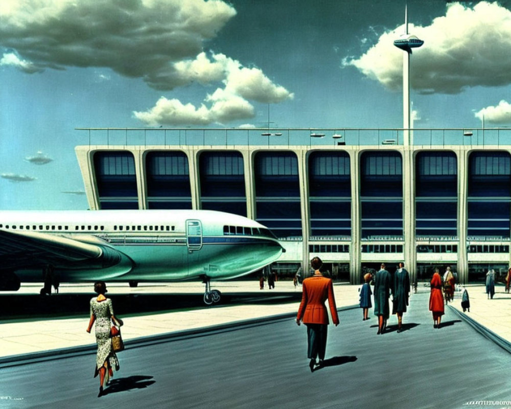 Vintage illustration: People walking to retro-futuristic airport with airplane & control tower