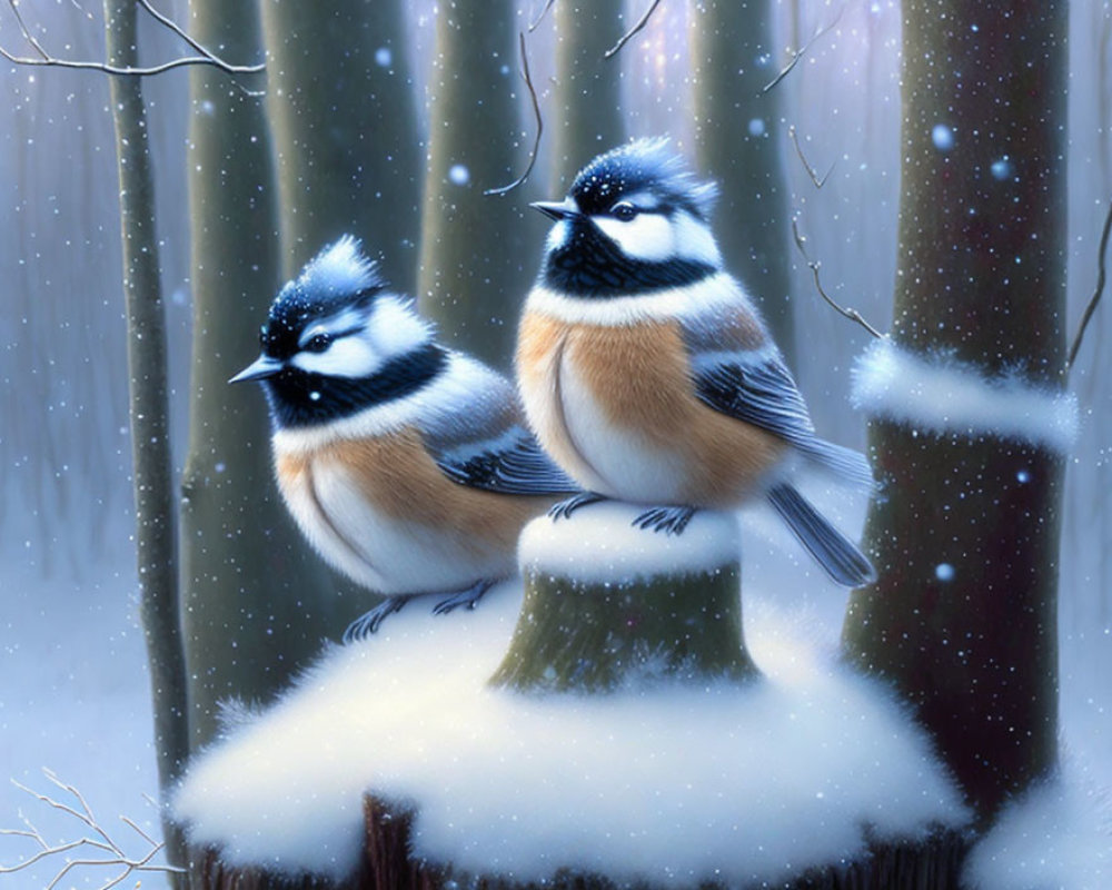 Fluffy birds on snow-covered stump in serene forest