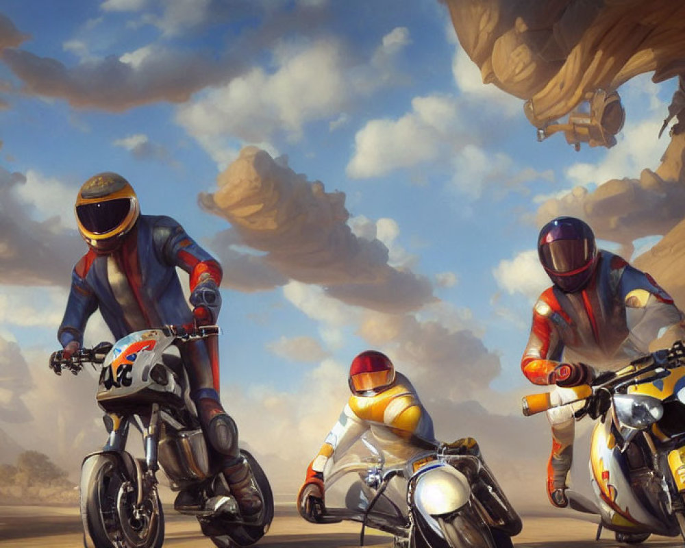 Three motorcyclists racing in a desert under dramatic sky