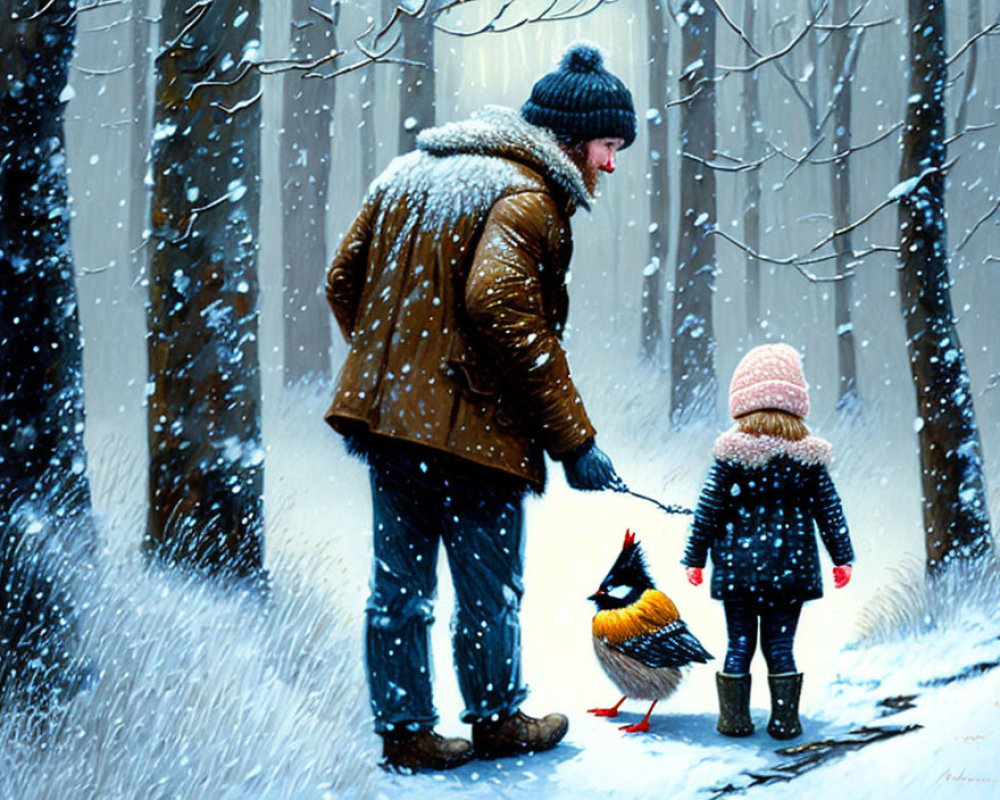 Adult and child walking with chubby bird in snowy winter scene