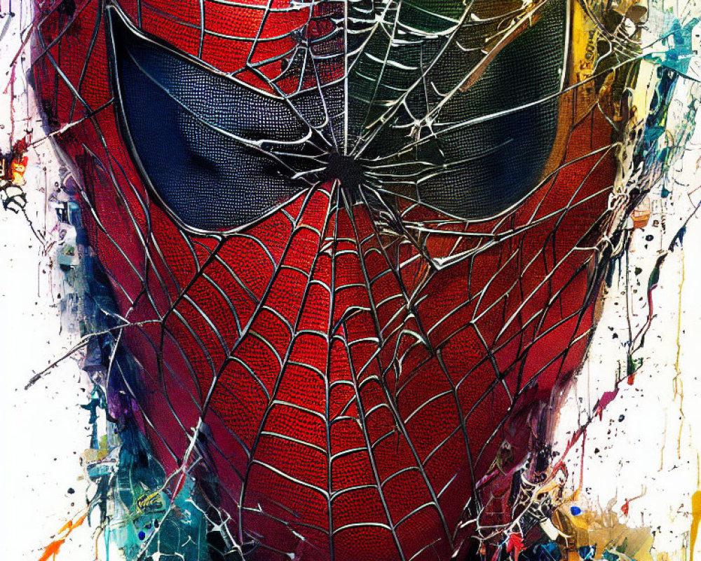 Spider-Man mask with spider web design and vibrant paint splashes.