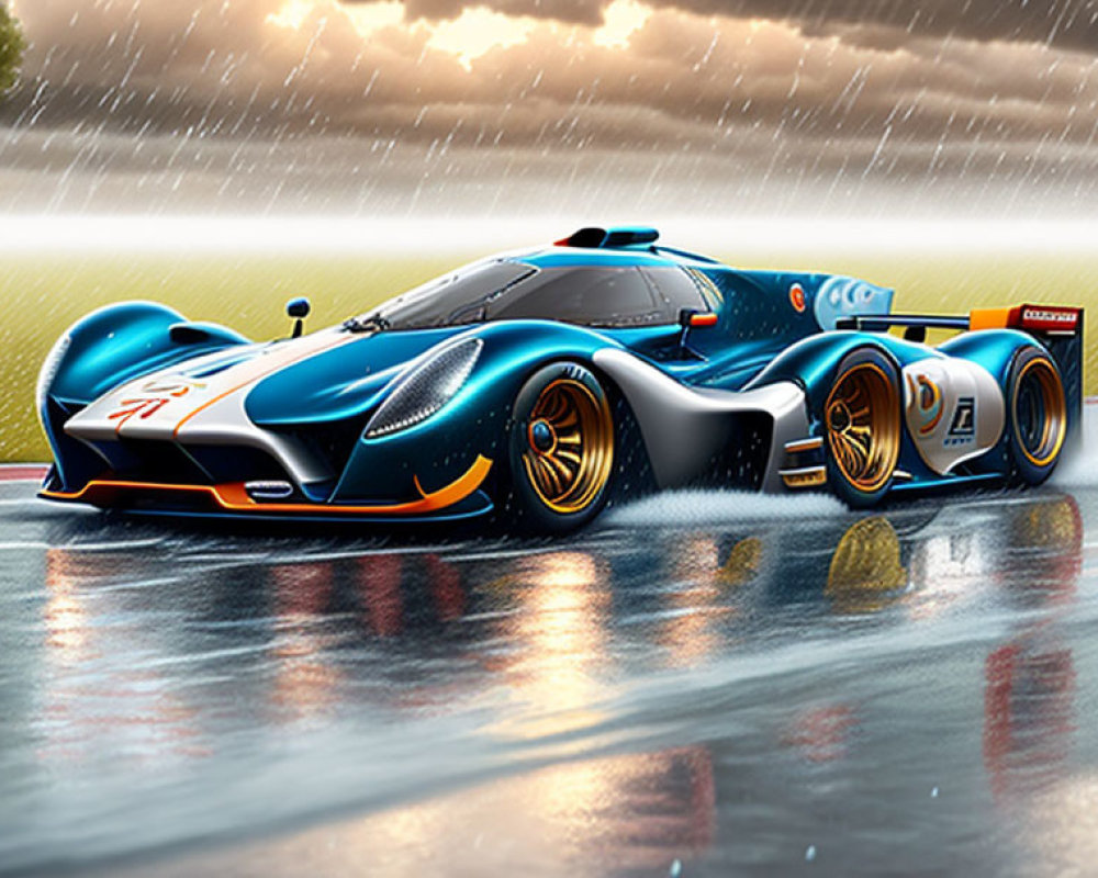 Blue and Orange Race Car Number 24 Speeding on Wet Racetrack in Rain