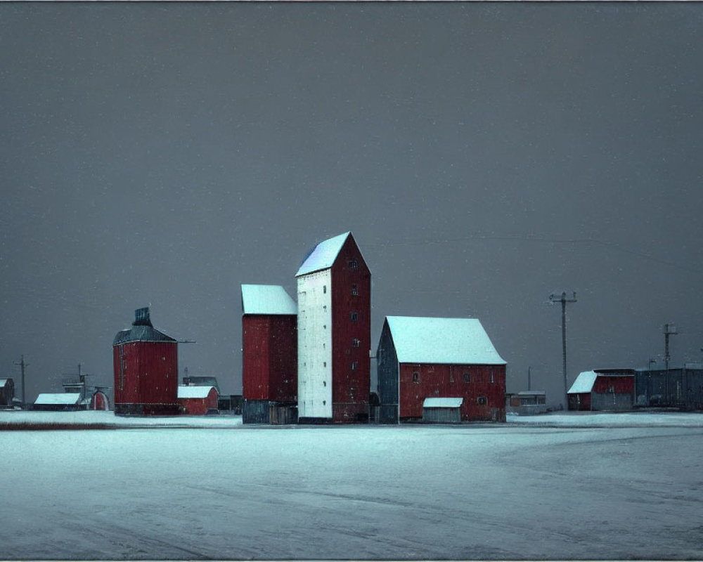 Red farm buildings in snowy landscape under overcast sky