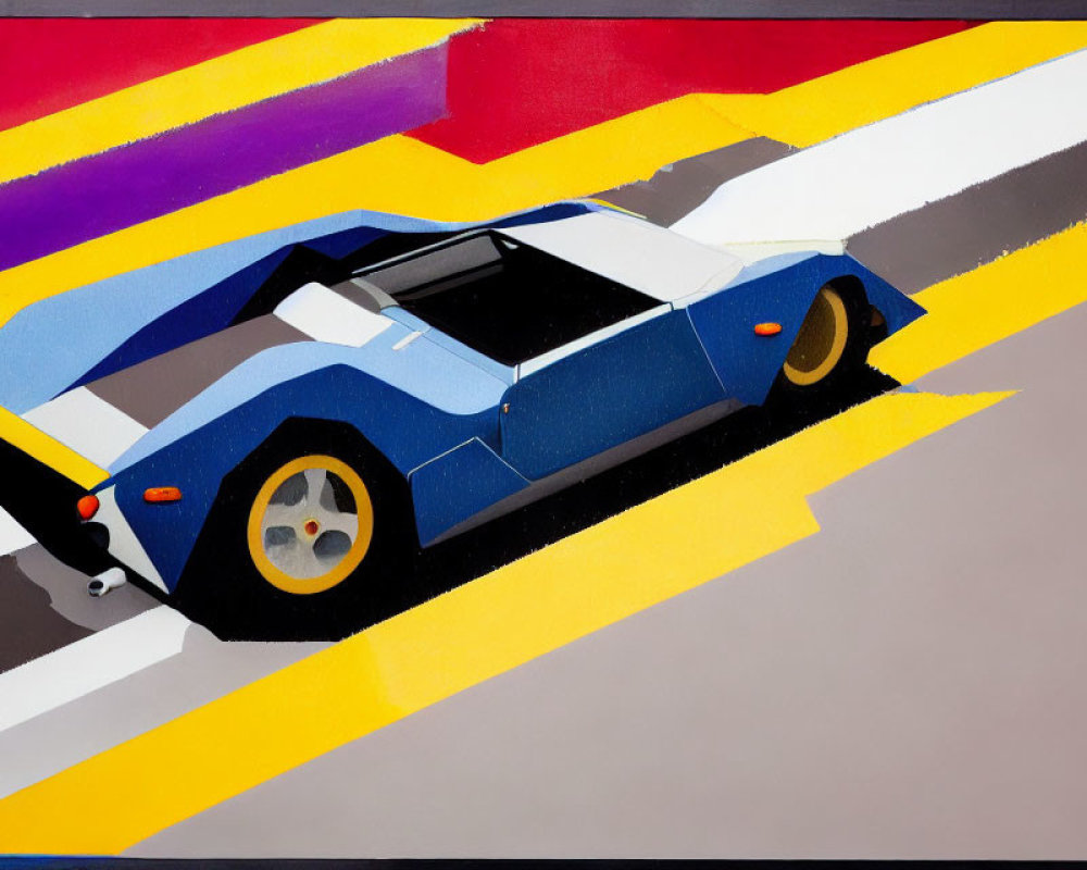 Stylized blue sports car illustration on vibrant abstract background