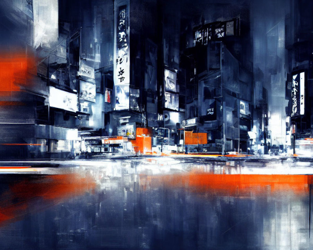 Abstract Cityscape Painting in Blue and Orange Hues with Blurry Reflections and Urban Signage