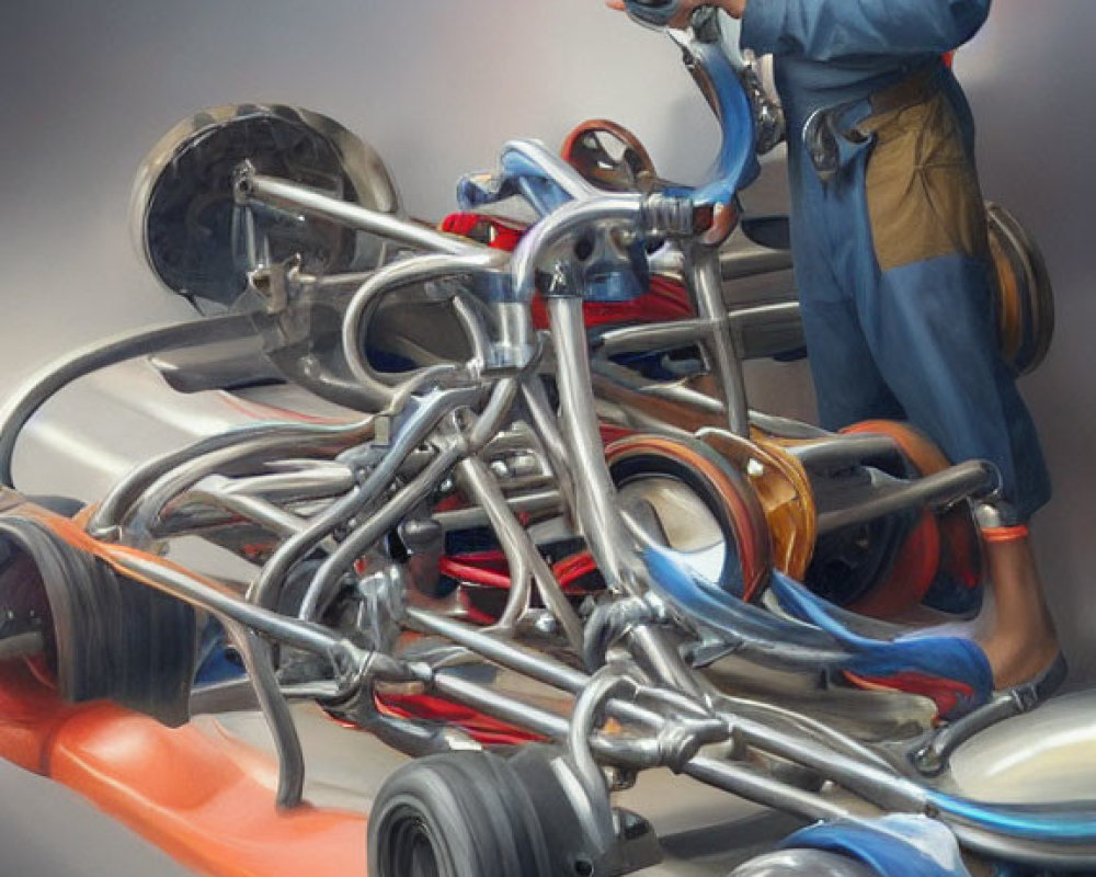 Mechanic in Blue Suit Contemplating Go-Kart Repairs