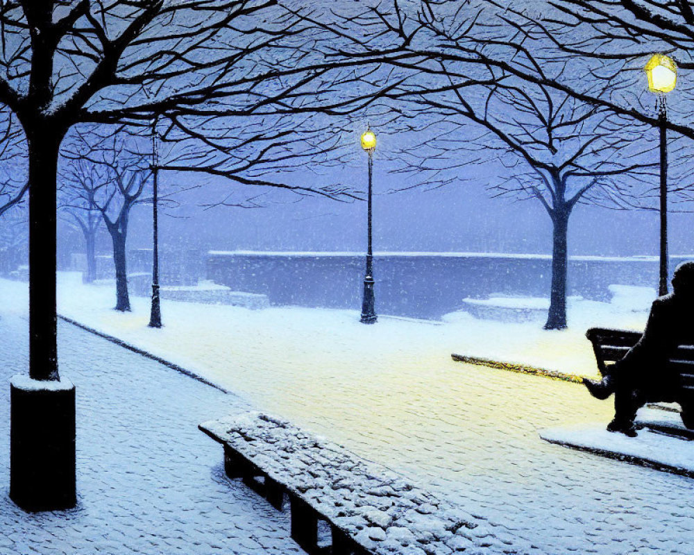 Solitary figure on park bench in snowy scene with glowing street lamps