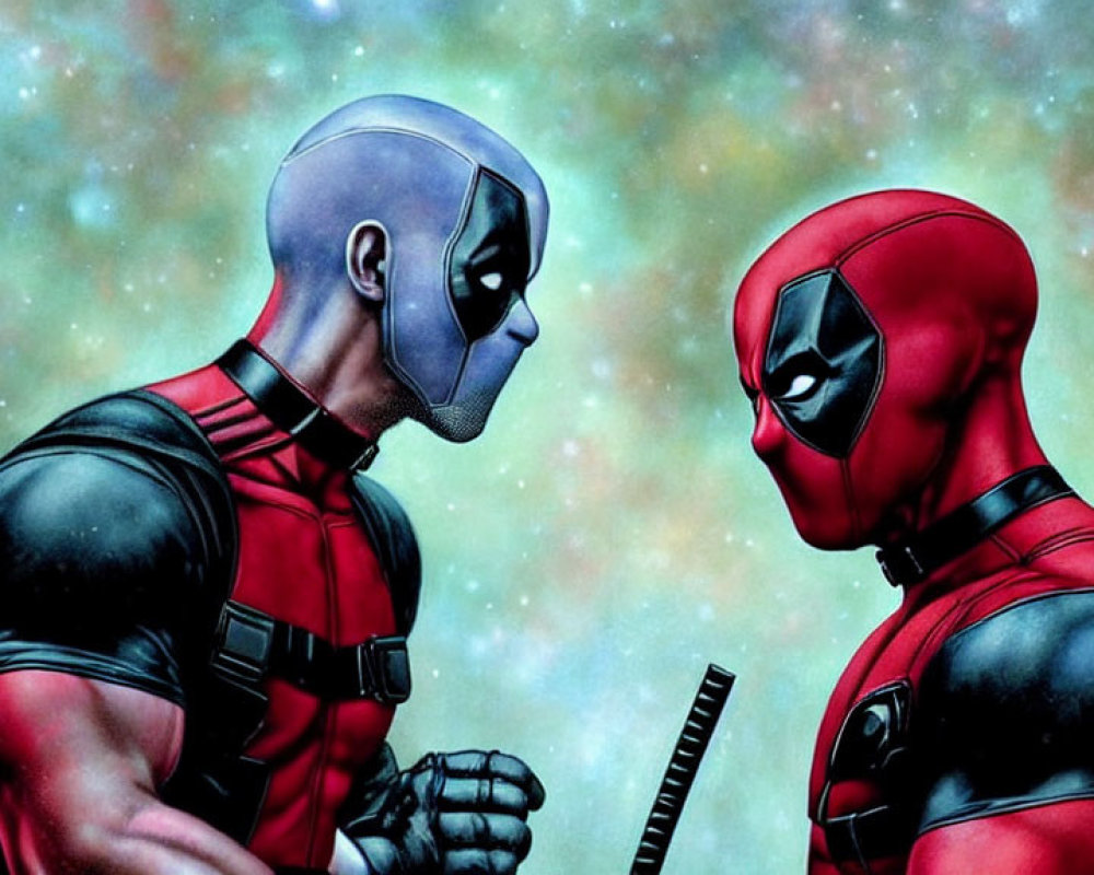 Cosmic starry background with two Deadpool-like characters.