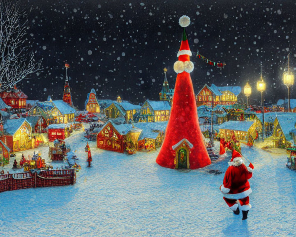 Colorful Christmas Village with Giant Tree and Santa Claus in Snowy Setting