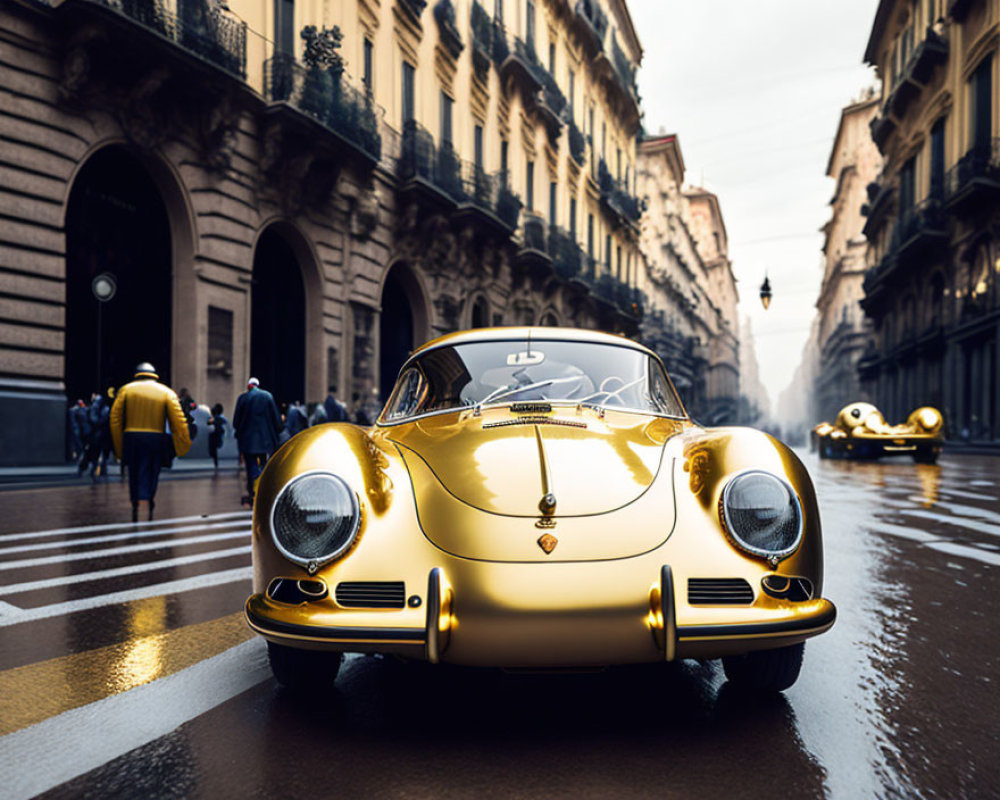 Vintage Golden Car with Large Headlights on Cobbled Street in Elegant City