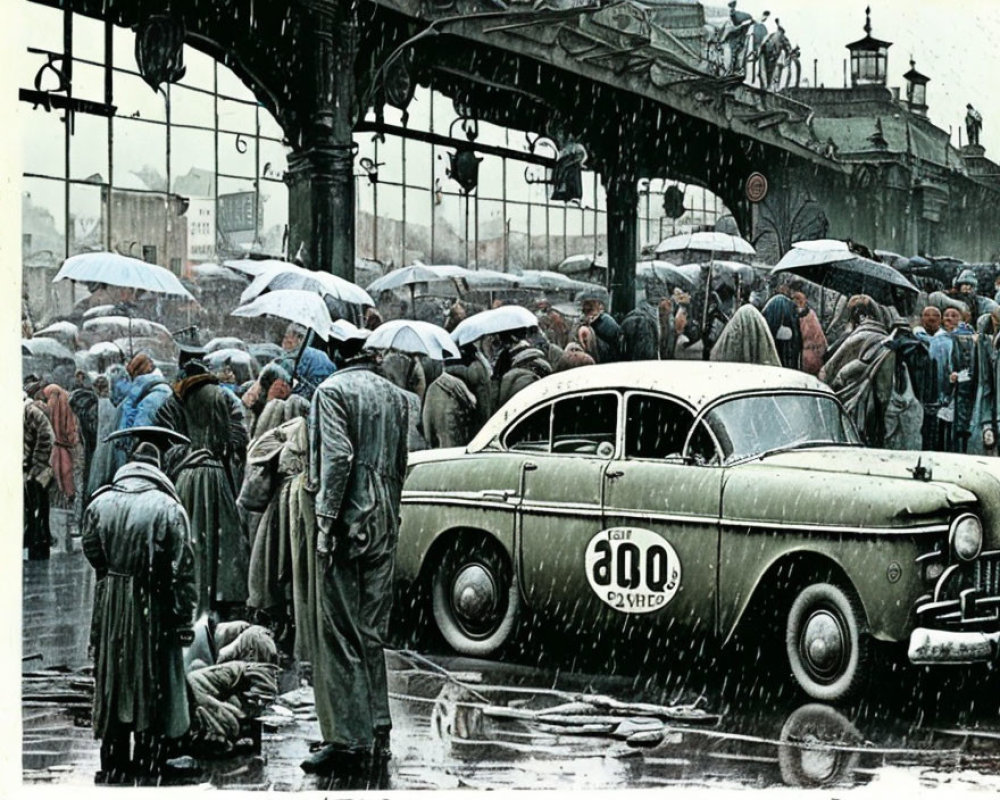 Busy city street scene with vintage cars and train station canopy in rain.