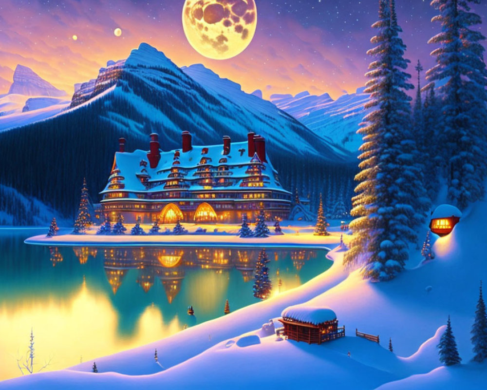 Snowy Mountains: Lodge Reflects on Calm Lake Under Starry Sky