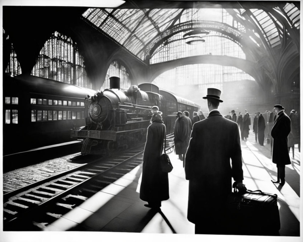 Vintage Black and White Photo of Passengers in Old Train Station with Steam Locomotive