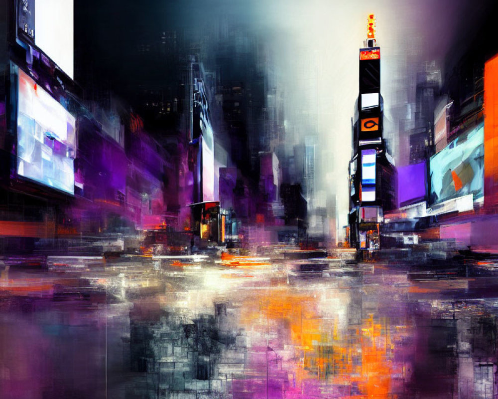 Colorful abstract cityscape painting with bright billboards and wet reflections.