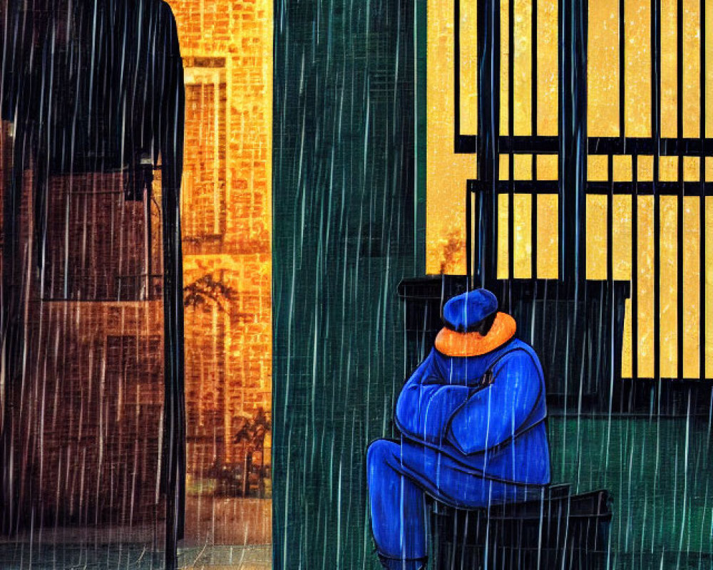 Lonely figure in blue coat and hat sitting in rain under balcony with warm glow.