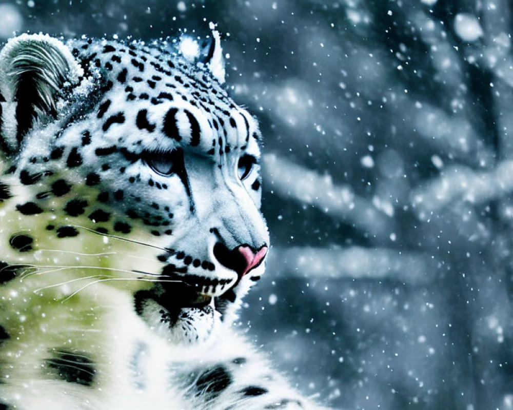 Snow leopard with thick fur in serene snowfall