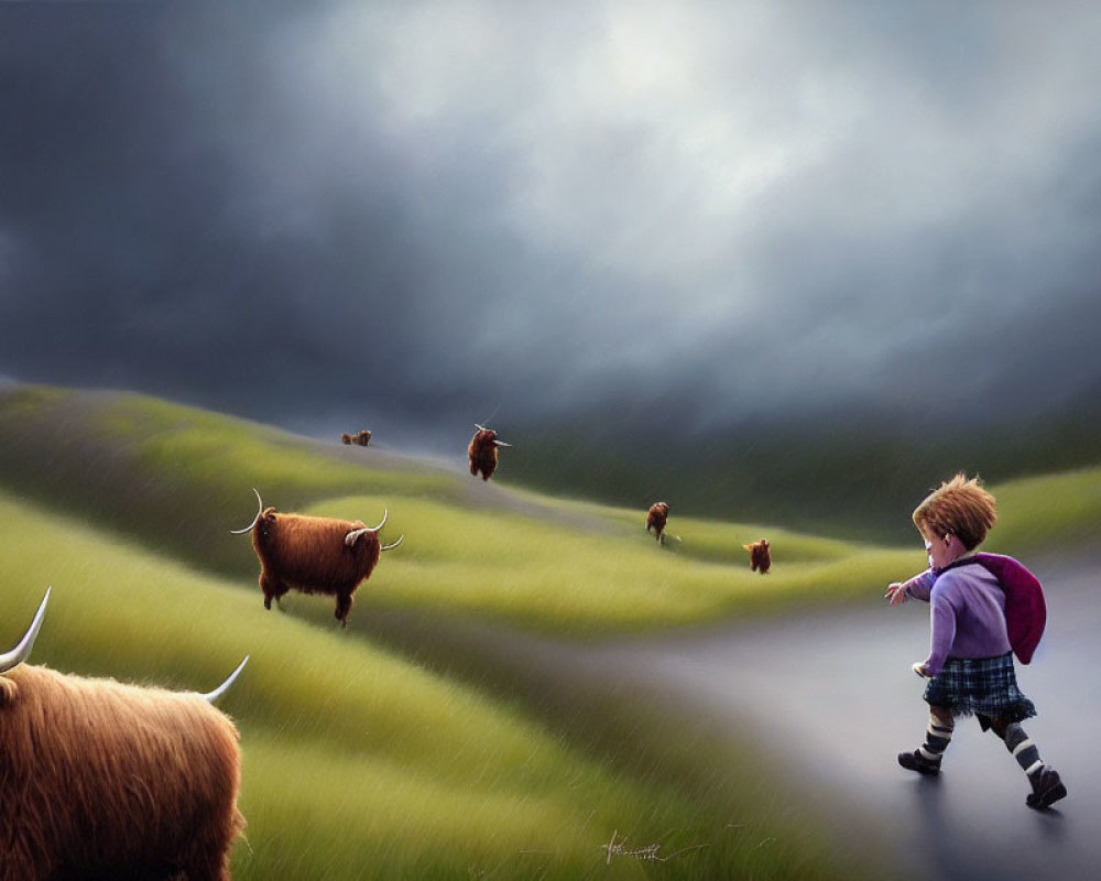 Child in kilt running in hilly field with highland cattle under stormy sky