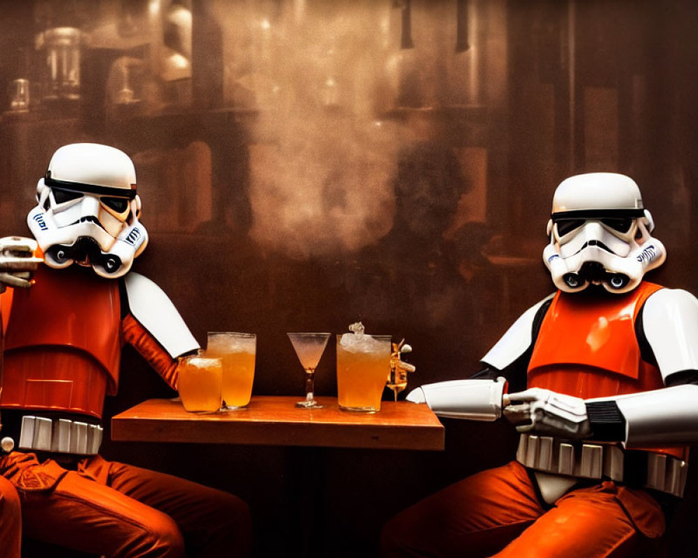 Two Stormtroopers with Orange Pauldrons Chatting at Bar