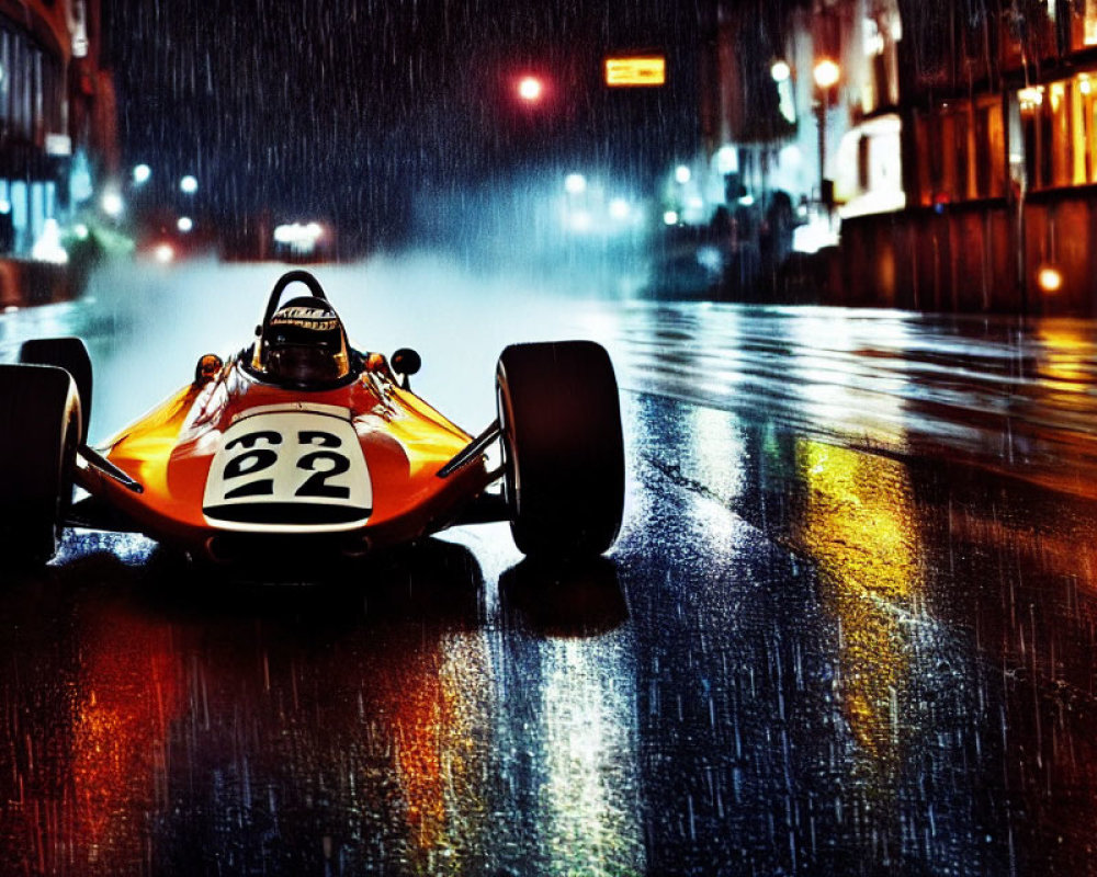 Vintage race car speeding on wet city street at night in rainy atmosphere