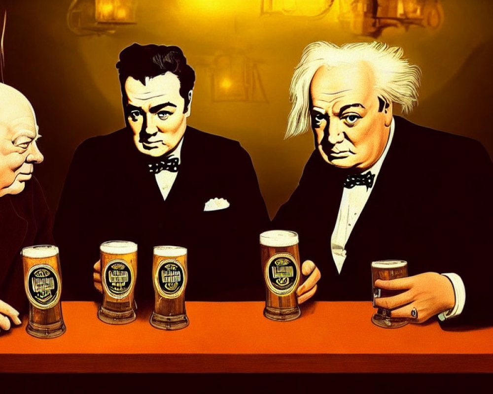 Three vintage-style men in suits at a bar with pints of beer in warm tones