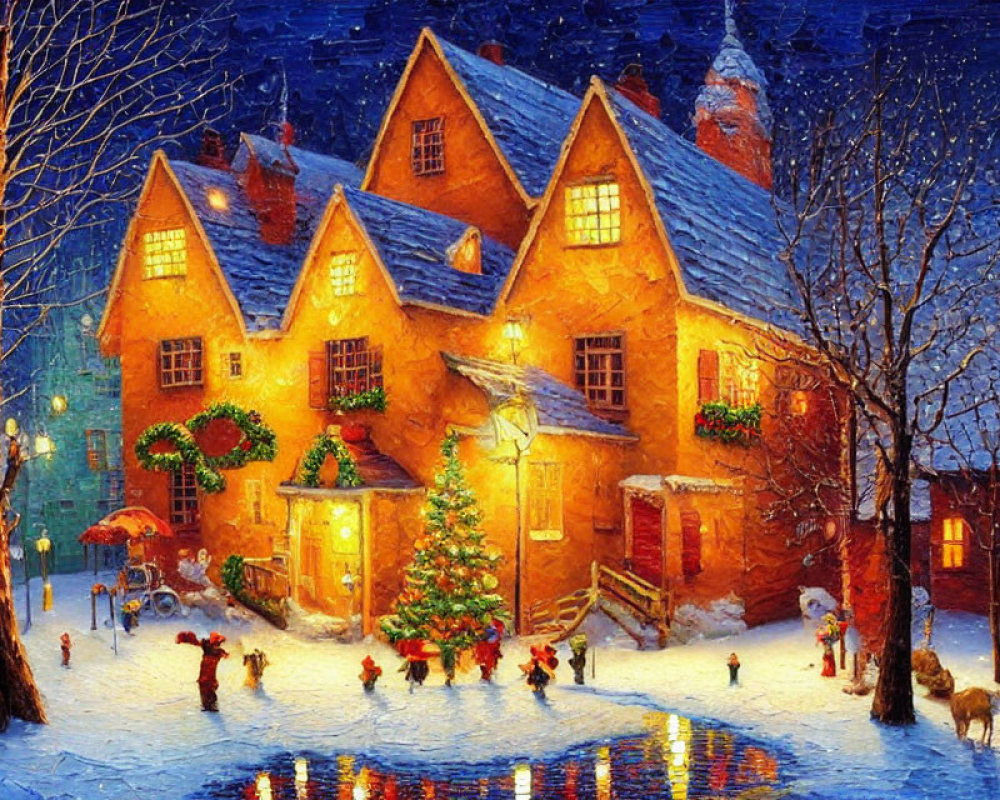 Snow-covered village scene at night with Christmas tree and cozy houses