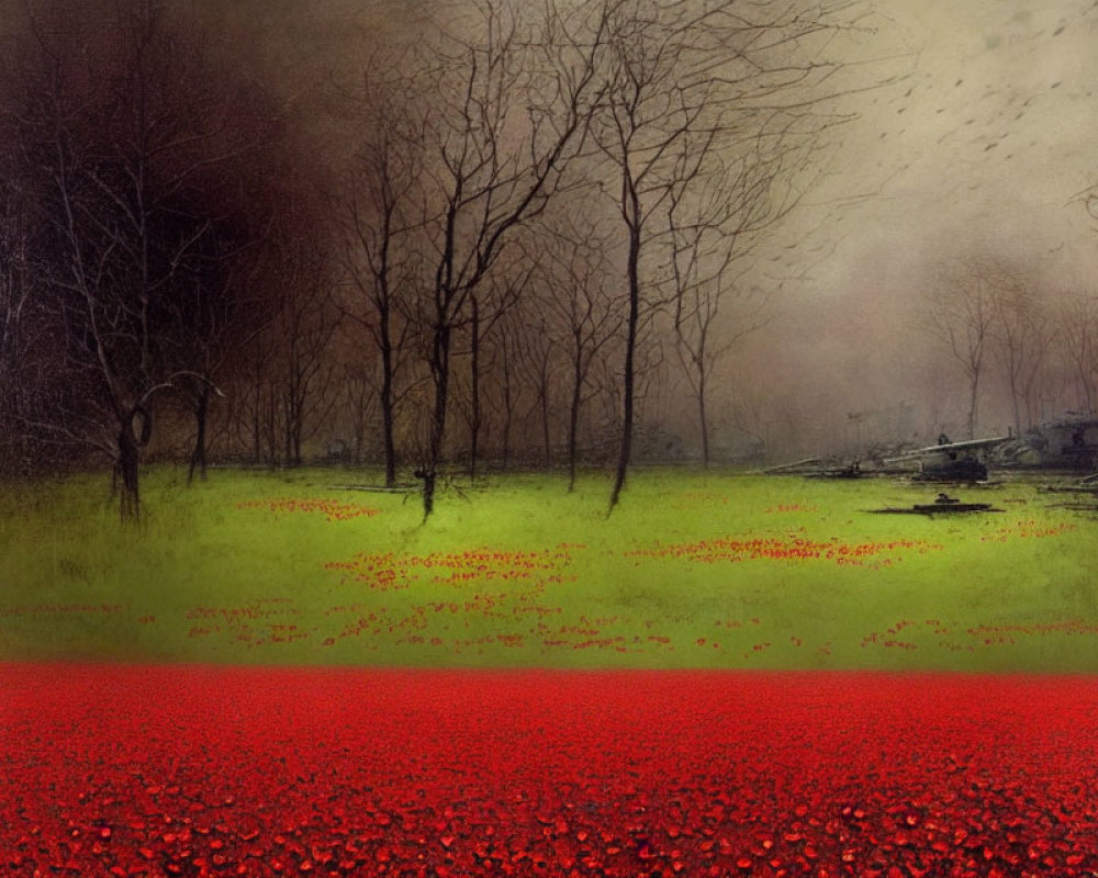 Eerie landscape with red poppy field and foggy forest