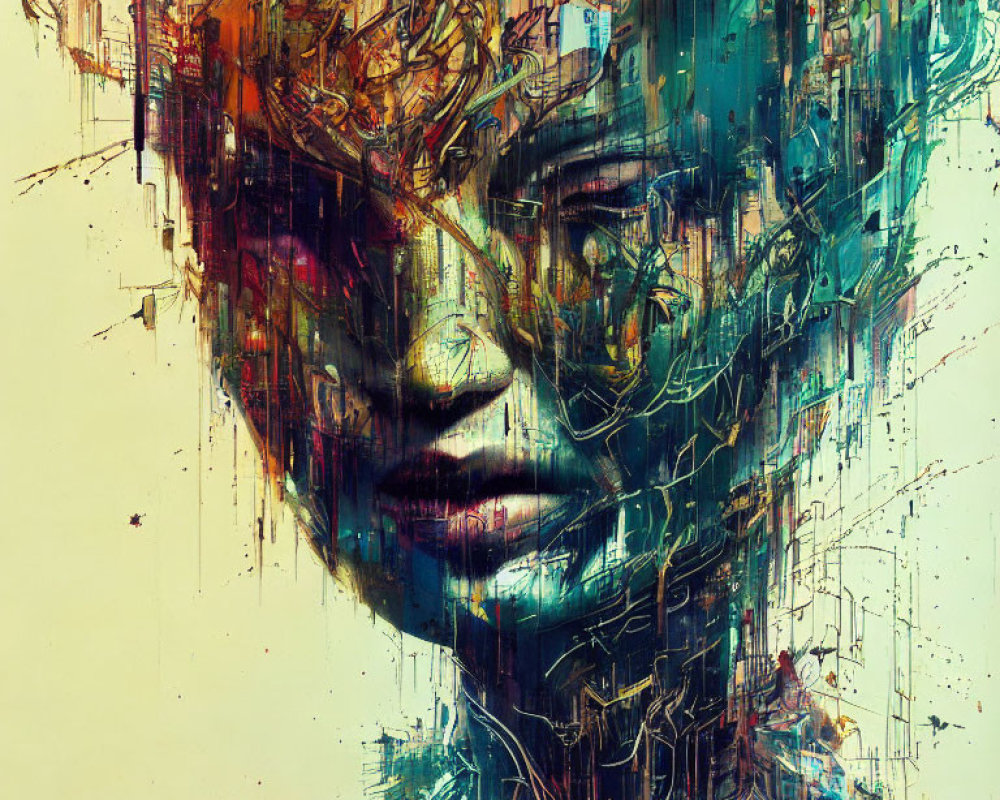 Vibrant abstract digital art of a fragmented human face