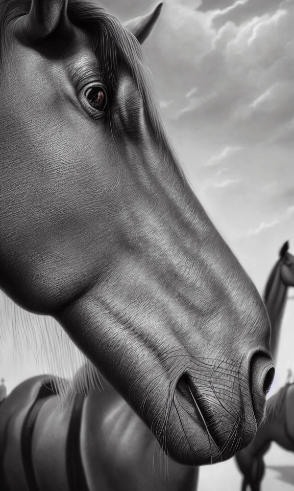 Monochrome close-up of two horses in a field