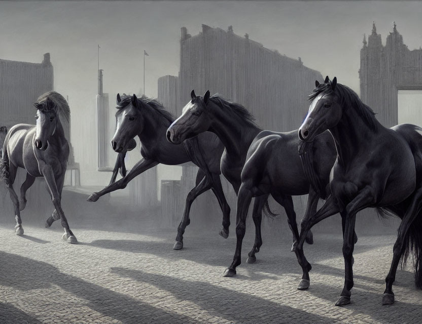 Four horses trotting in urban setting with cobblestone streets