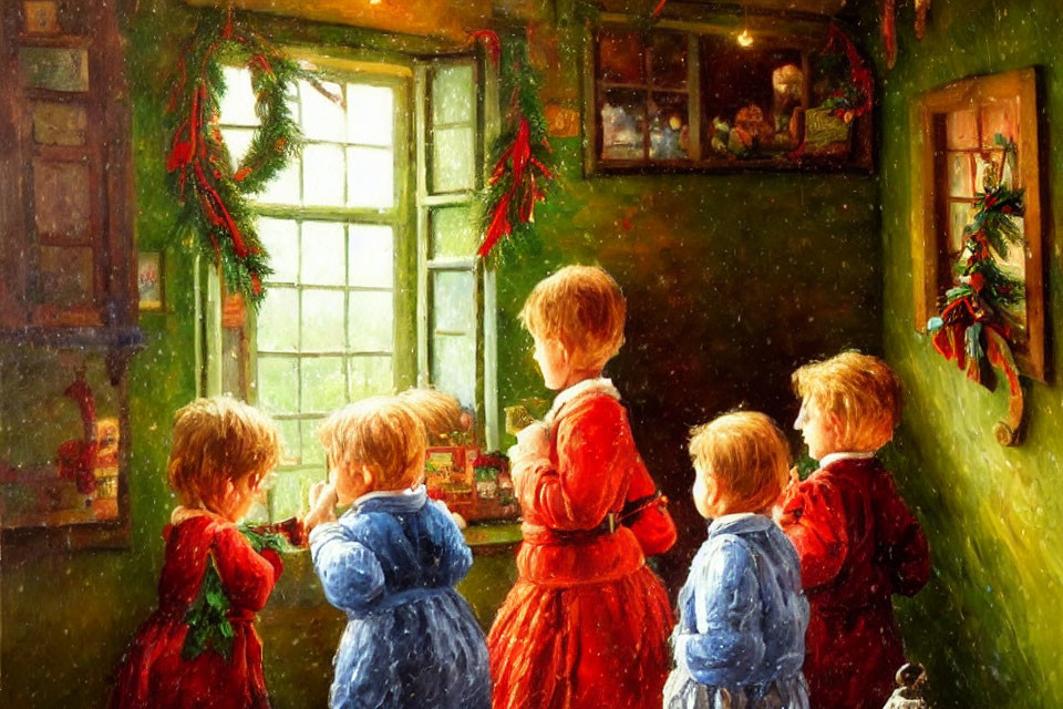 Children in colorful robes by a frosty Christmas window