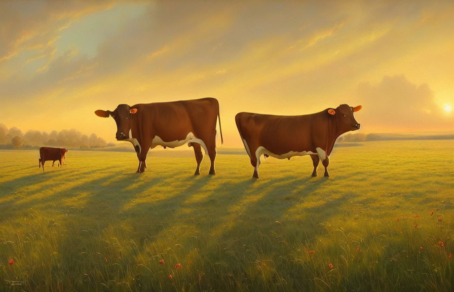 Sunlit field with two cows, calf, lush grass, trees, vibrant sunset sky.