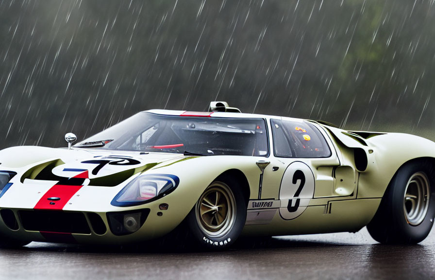 Vintage Race Car Number 2 in White and Dark Green Livery on Wet Track with Rain