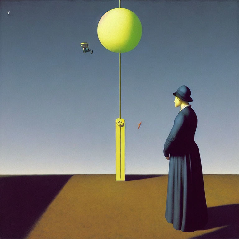 Person in Hat Observing Green Balloon with Surveillance Camera - Painting