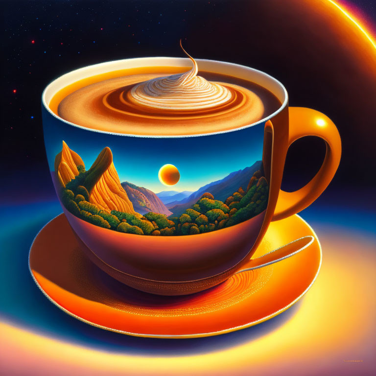 Surreal artwork of large coffee cup with landscape and cosmic backdrop